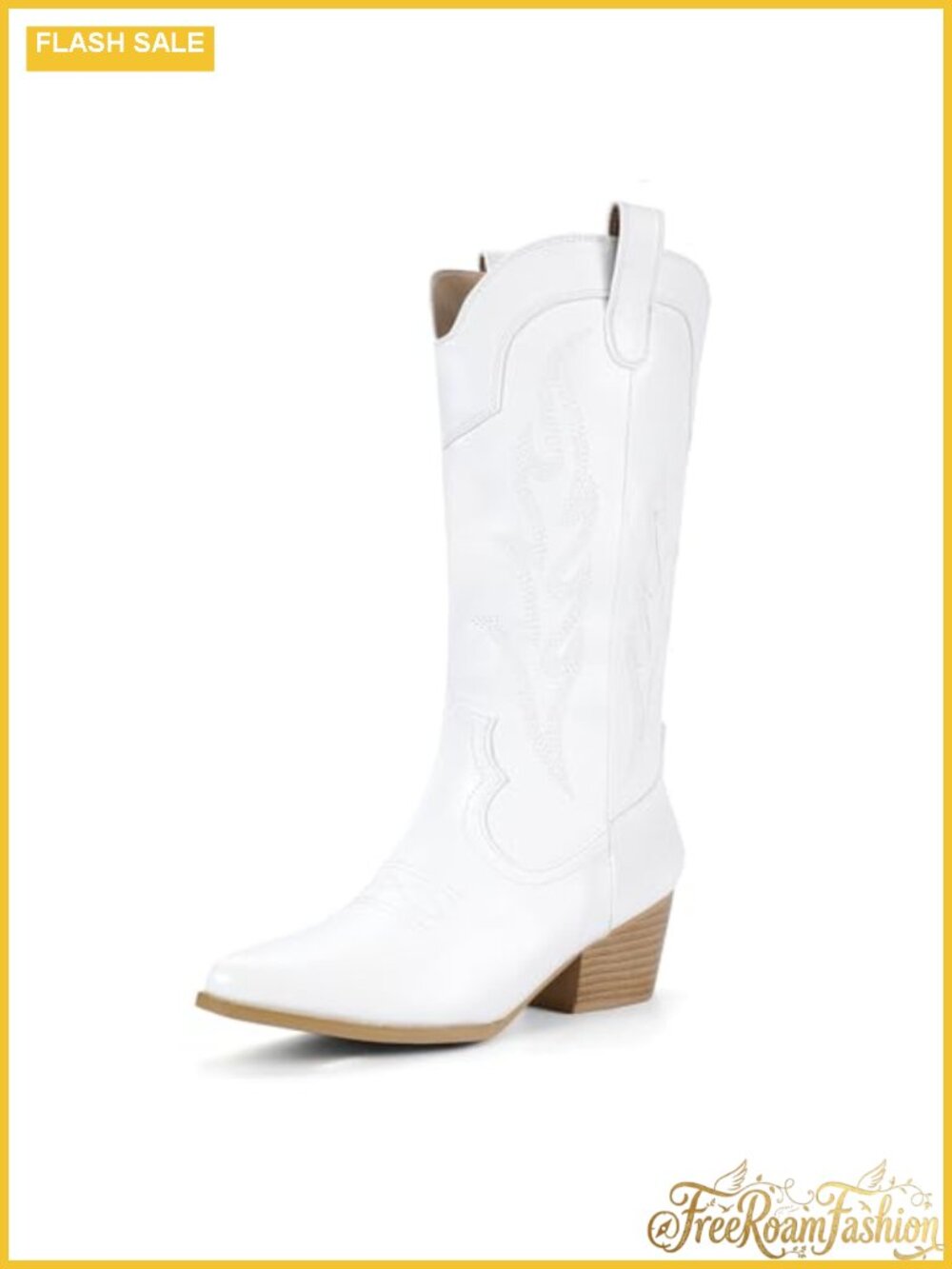 Mid Calf Cowboy Boots Pointed Toe Chunky Heel Pull On Western